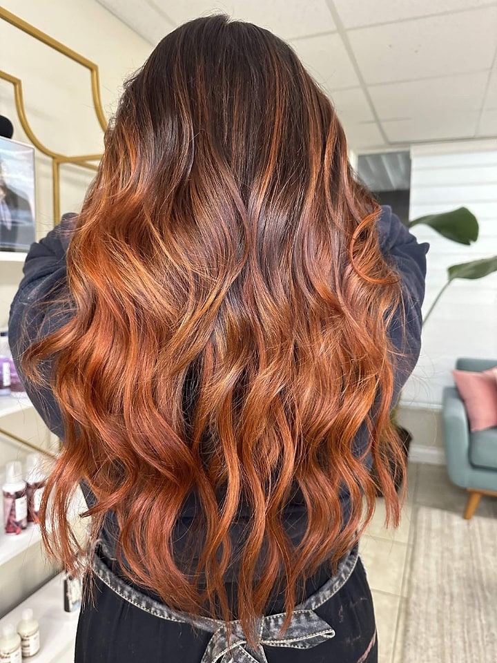 Copper red balayage with beach waves